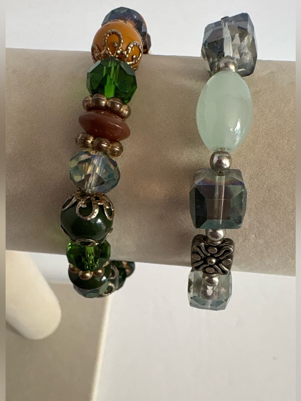 2 Artisan Glass Bead Bracelet Bundle Aqua Green Crystal Stretch Bracelets